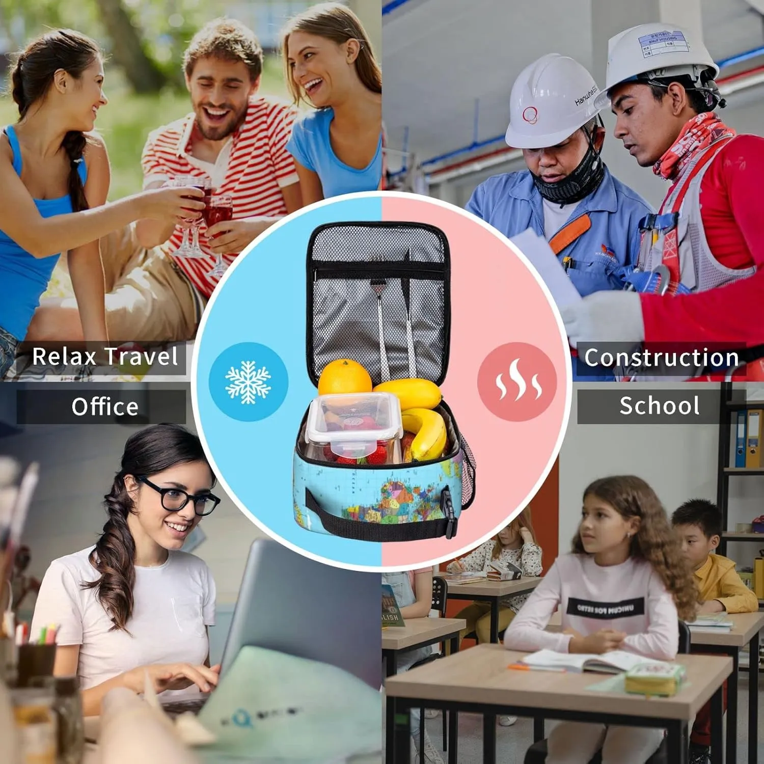 World Map Reusable Lunch Box Insulation Lunch Bag Containers Tote Handbag Ice Packs For Women Men Teens Girls