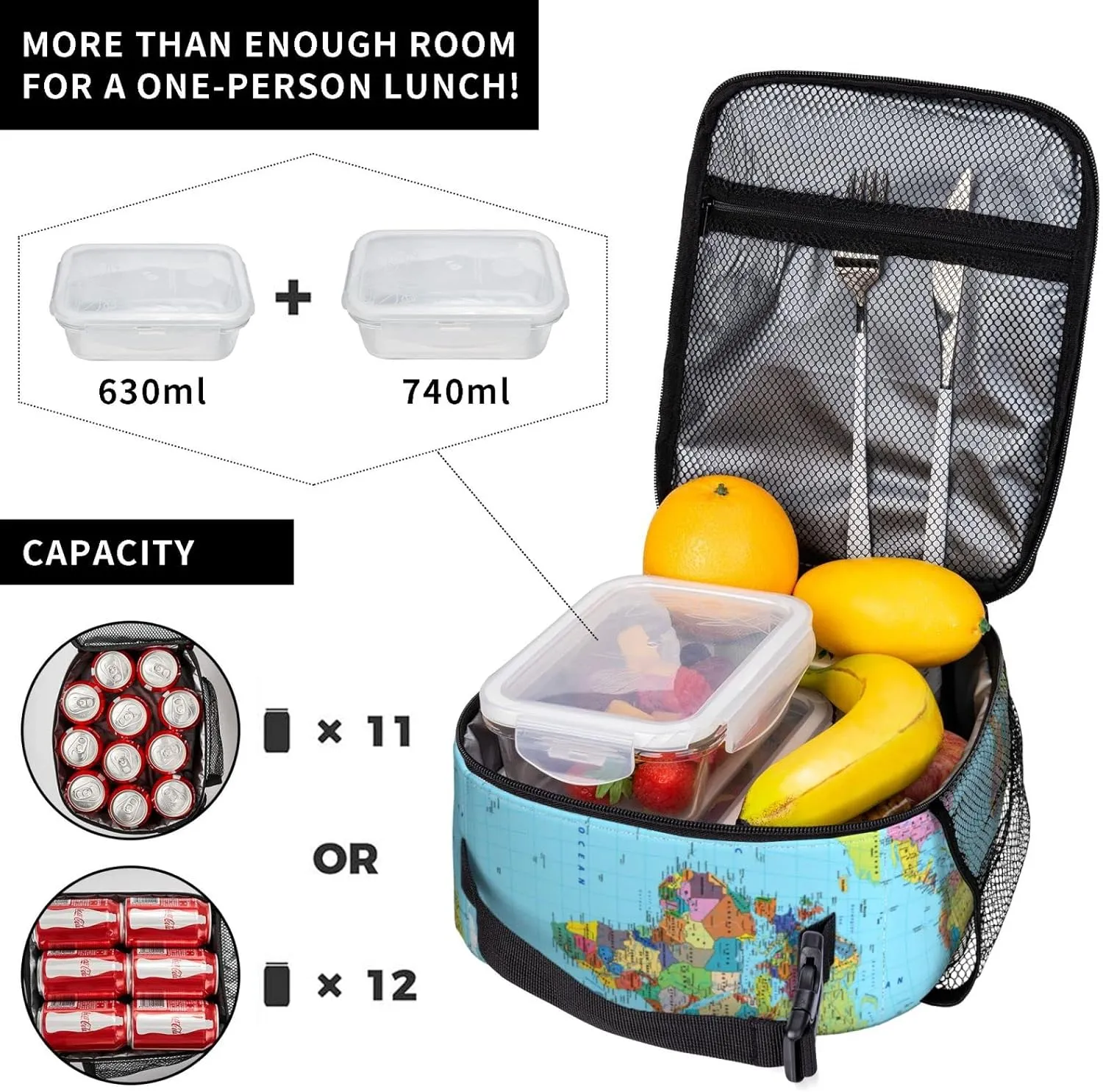 World Map Reusable Lunch Box Insulation Lunch Bag Containers Tote Handbag Ice Packs For Women Men Teens Girls