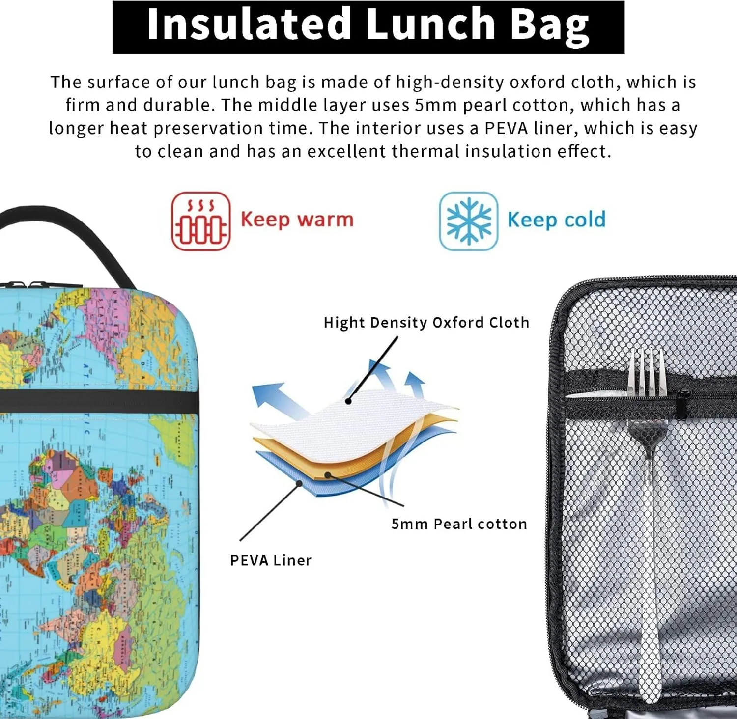 World Map Reusable Lunch Box Insulation Lunch Bag Containers Tote Handbag Ice Packs For Women Men Teens Girls