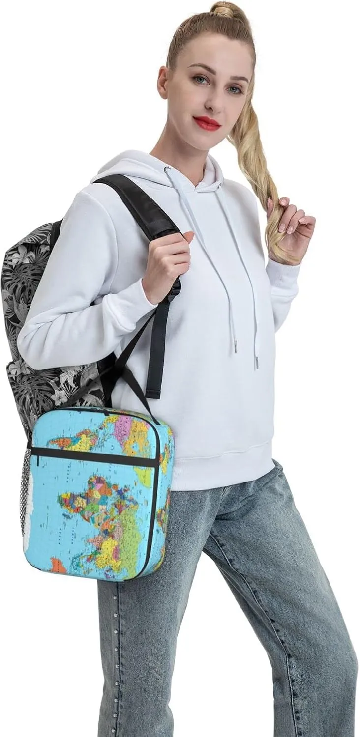World Map Reusable Lunch Box Insulation Lunch Bag Containers Tote Handbag Ice Packs For Women Men Teens Girls