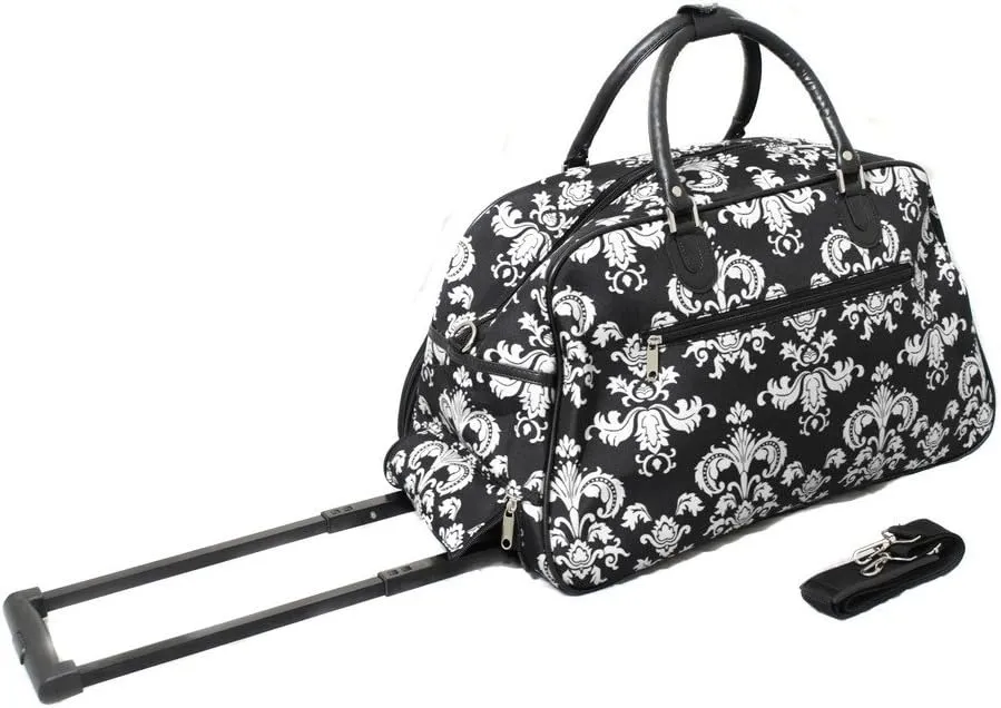 World Traveler 21-Inch Carry-On Rolling Duffel Bag, Black White Damask II