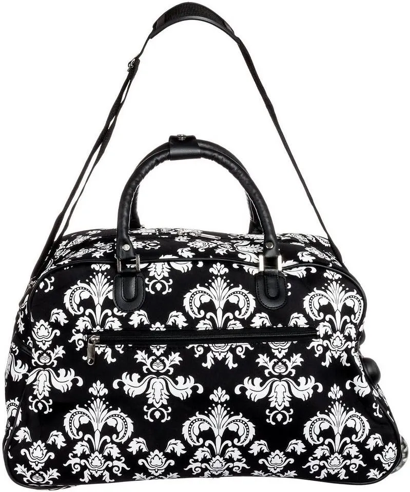 World Traveler 21-Inch Carry-On Rolling Duffel Bag, Black White Damask II