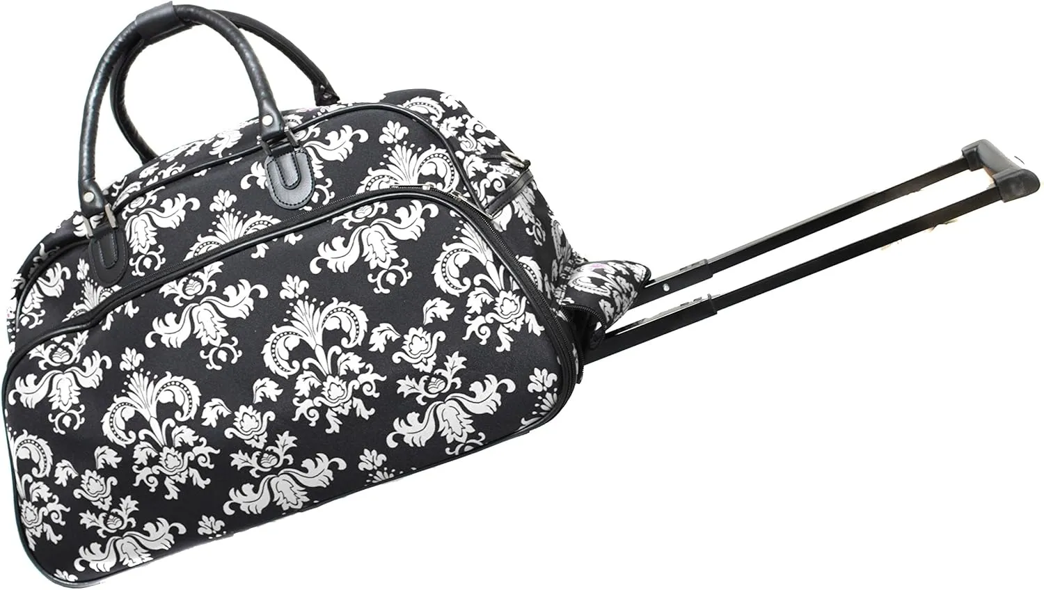 World Traveler 21-Inch Carry-On Rolling Duffel Bag, Black White Damask II