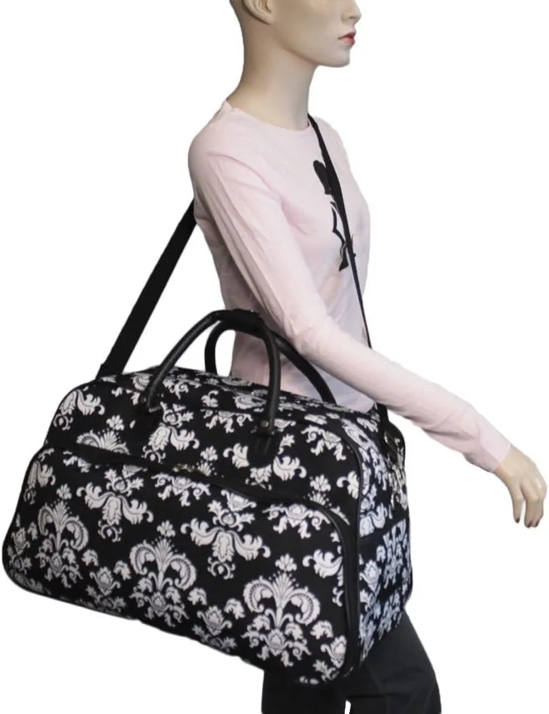 World Traveler 21-Inch Carry-On Rolling Duffel Bag, Black White Damask II
