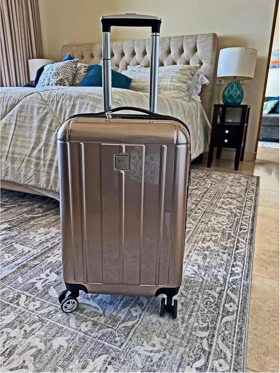 World Traveler Contour Lightweight Polycarbonate Hardside Expandable Spinner Luggage with TSA Lock, Champagne, 20-inch