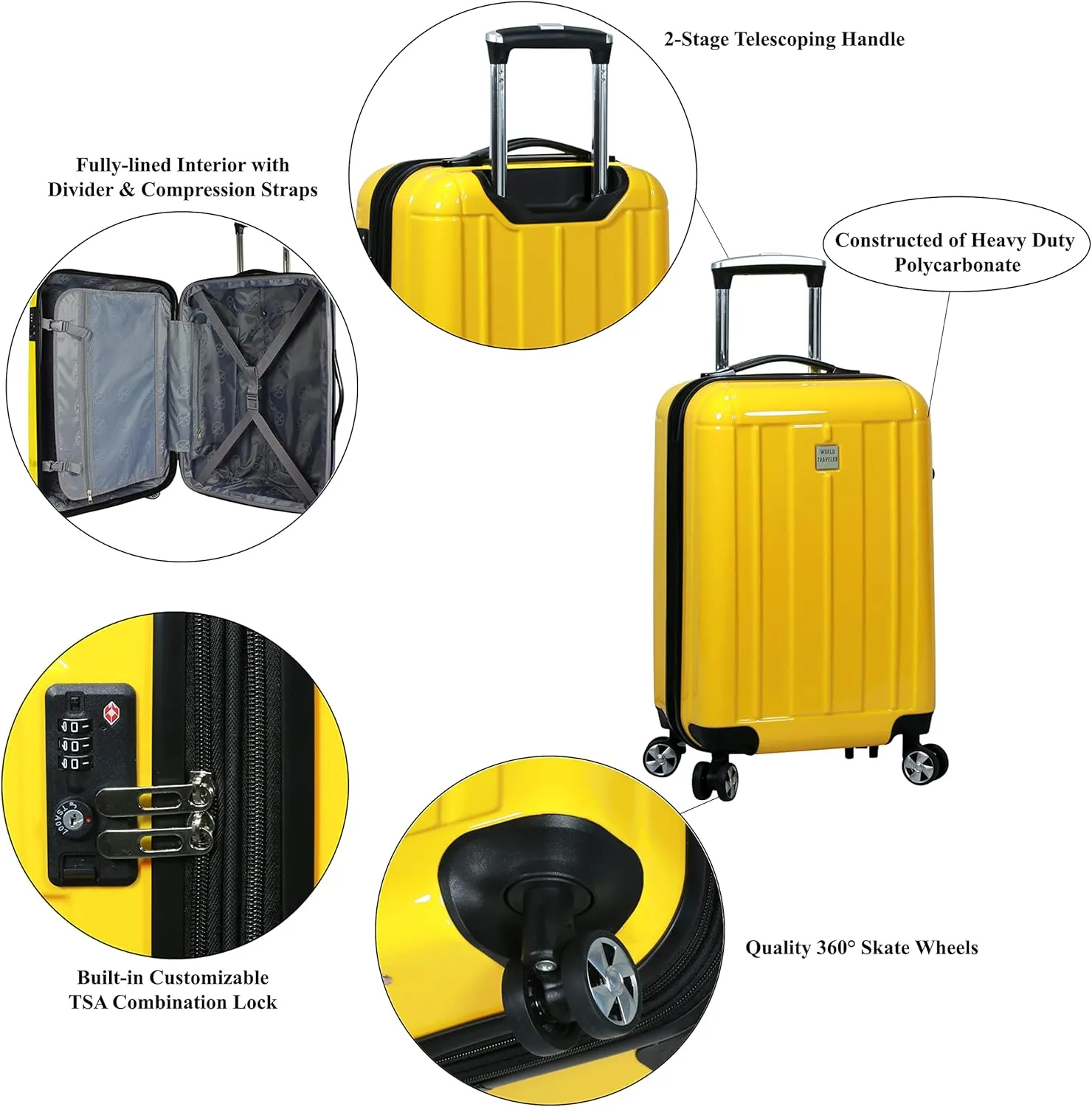 World Traveler Contour Lightweight Polycarbonate Hardside Expandable Spinner Luggage with TSA Lock, Yellow, 2-Piece Set(20in,24in)