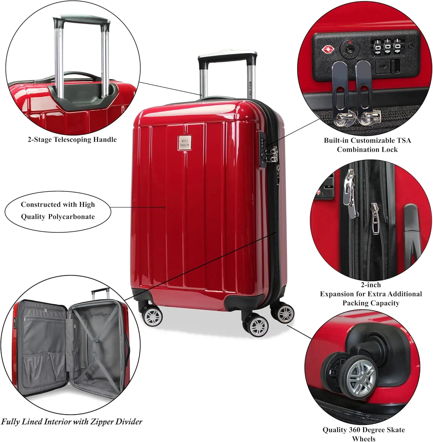 World Traveler VentureX Airline Approved Carry-On Luggage – Lightweight Hardside Suitcase with Spinner Wheels, Contour Red, 20-inch