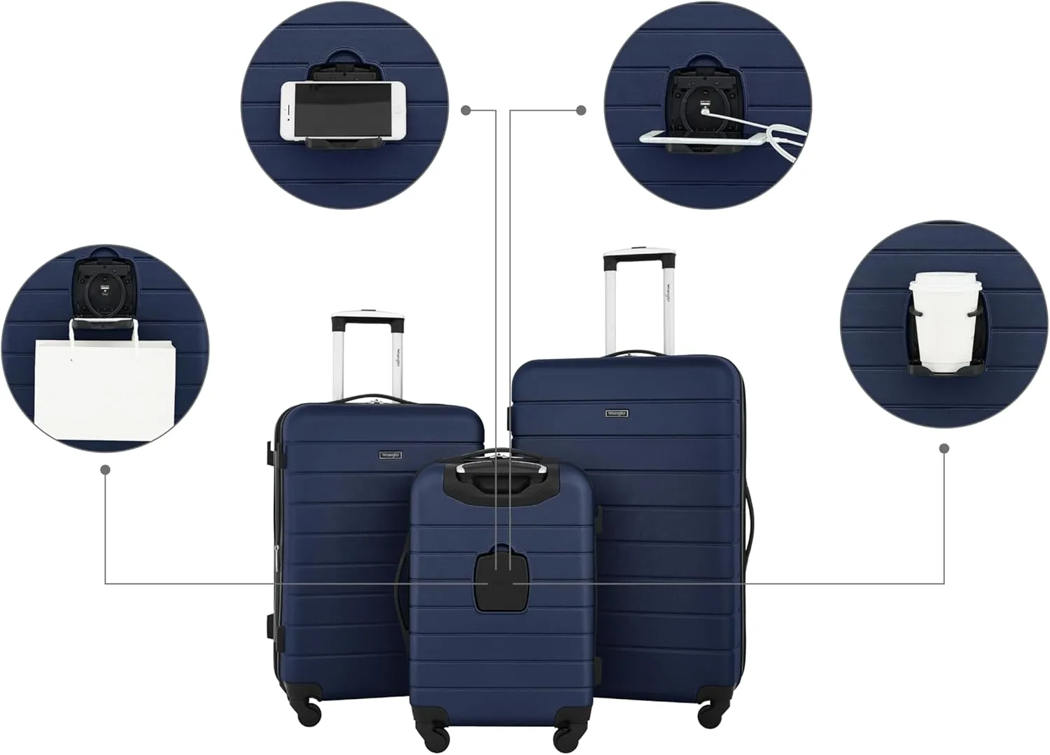 Wrangler Smart Luggage Cup Holder and USB Port, Navy Blue, 3 Piece Set