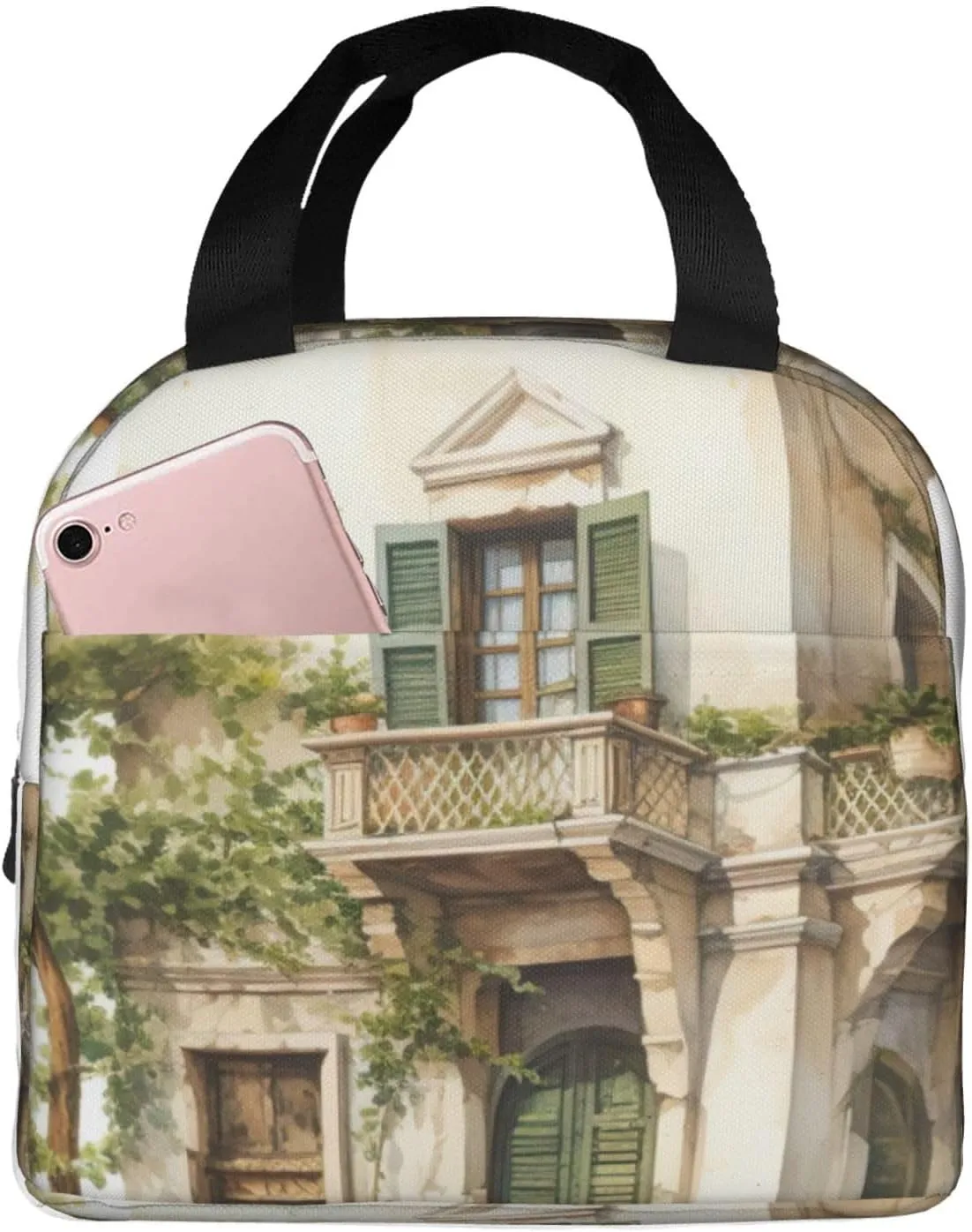 WURTON Antique Building With Roman Olive Branch And Greek Print Lunch Bag Lunch Box Tote Bag Keeps Food Hot/Cold For Hours Beach & Outdoor Travel