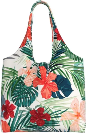 WURTON Vegetation Leaves With Hibiscus Flowers Print Tote Bags Grocery Shoulder Bag For Work Beach Lunch Travel Shopping Shopper Handbags
