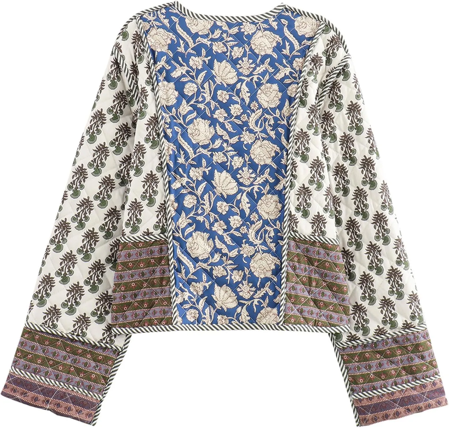 Wyeysyt Women's Cropped Puffer Quilted Jacket Cardigan Floral Printed Lightweight Long Sleeve Open Front Short Padded Coats