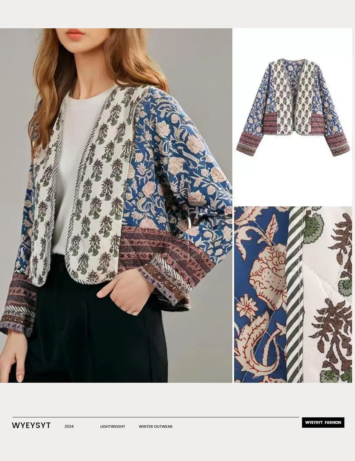 Wyeysyt Women's Cropped Puffer Quilted Jacket Cardigan Floral Printed Lightweight Long Sleeve Open Front Short Padded Coats