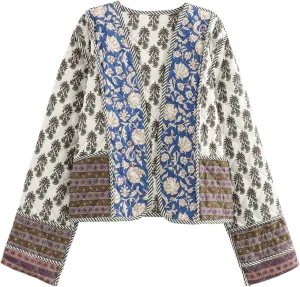 Wyeysyt Women's Cropped Puffer Quilted Jacket Cardigan Floral Printed Lightweight Long Sleeve Open Front Short Padded Coats