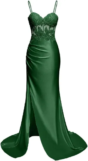 Xijun Spaghetti Straps Satin Prom Dresses 2025 Lace Appliques Mermaid Long Formal Evening Gown with Slit