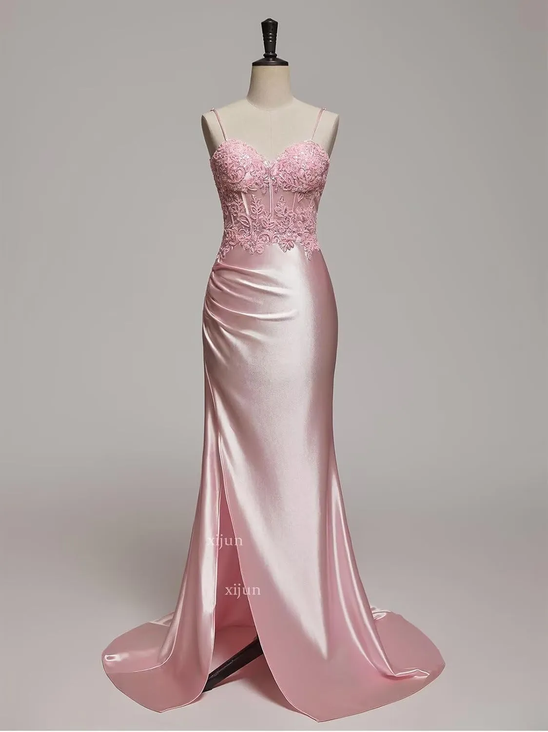 Xijun Spaghetti Straps Satin Prom Dresses 2025 Lace Appliques Mermaid Long Formal Evening Gown with Slit