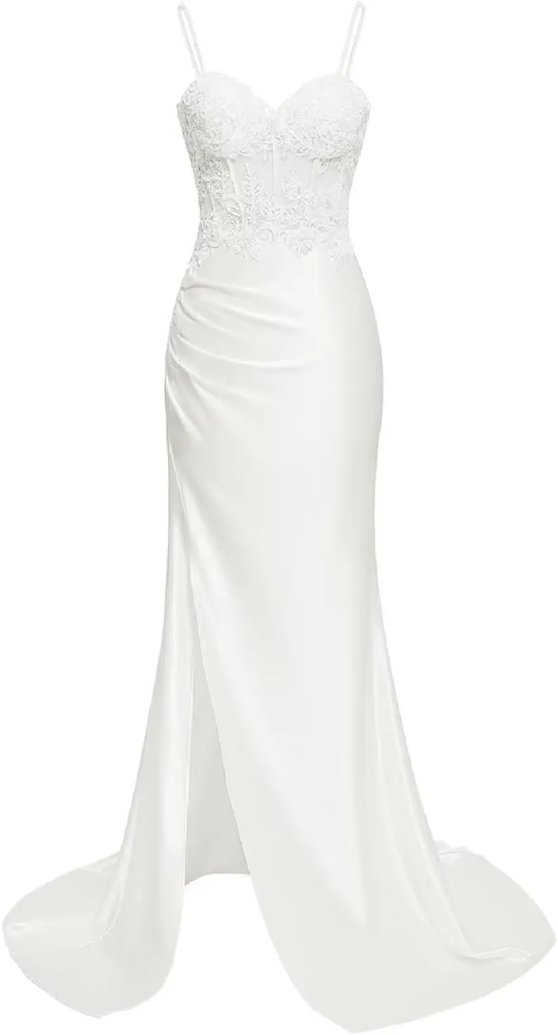Xijun Spaghetti Straps Satin Prom Dresses 2025 Lace Appliques Mermaid Long Formal Evening Gown with Slit