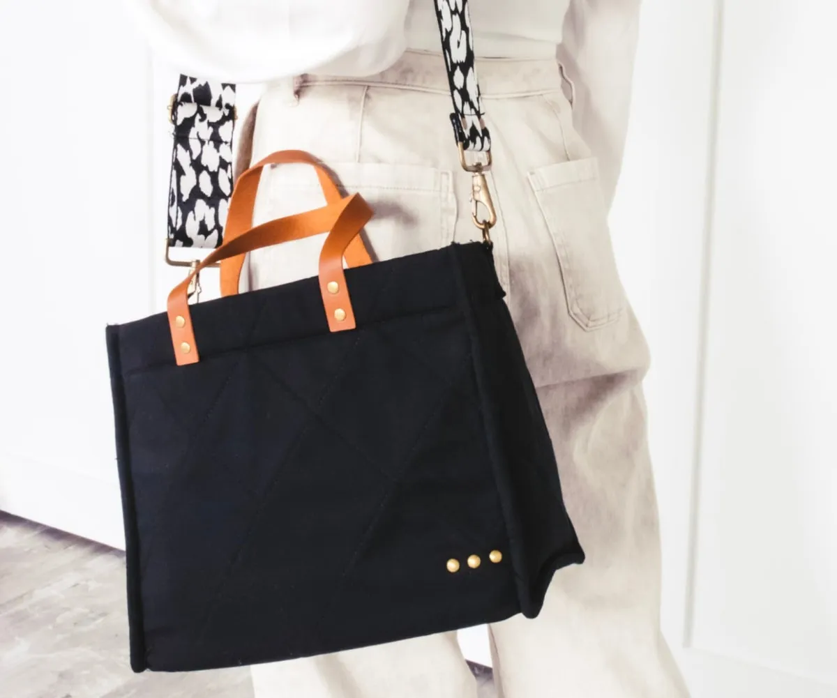 XL "Carrie" Canvas Quilted Crossbody Tote-Black
