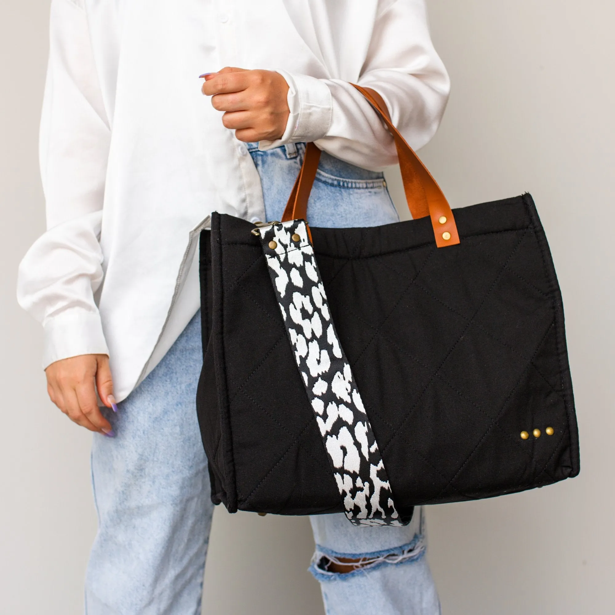 XL "Carrie" Canvas Quilted Crossbody Tote-Black