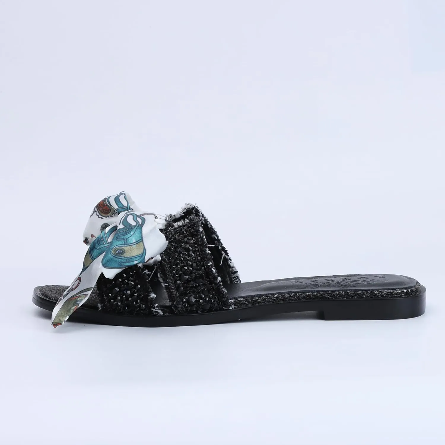 XOBZJH Evening Dress Shoes Rhinestone H-Brand Black Flat Sandals for Women 2025,Designer Luxury Crystals Slides Sandals for Wedding Party Slippers Footwear