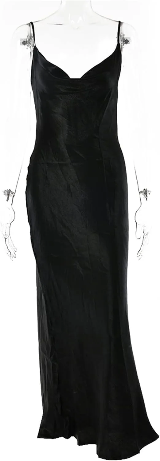 xxxiticat Women's Sleeveless Spaghetti Strap Satin Dress Cocktail Beach Evening Party Cowl Neck Back Tie Up Maxi Dresses