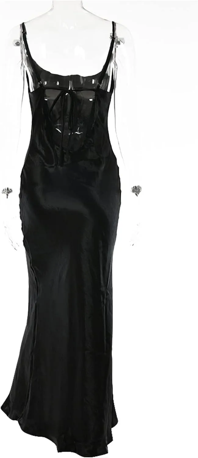 xxxiticat Women's Sleeveless Spaghetti Strap Satin Dress Cocktail Beach Evening Party Cowl Neck Back Tie Up Maxi Dresses