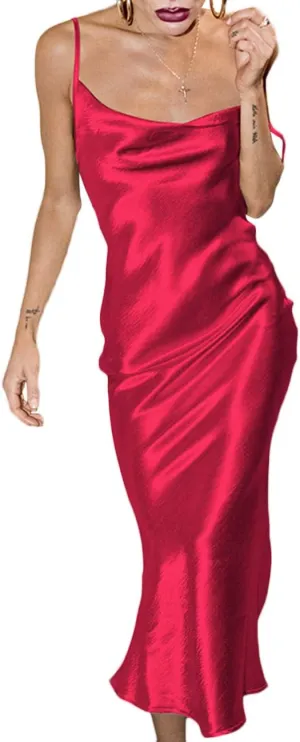xxxiticat Women's Sleeveless Spaghetti Strap Satin Dress Cocktail Beach Evening Party Cowl Neck Back Tie Up Maxi Dresses