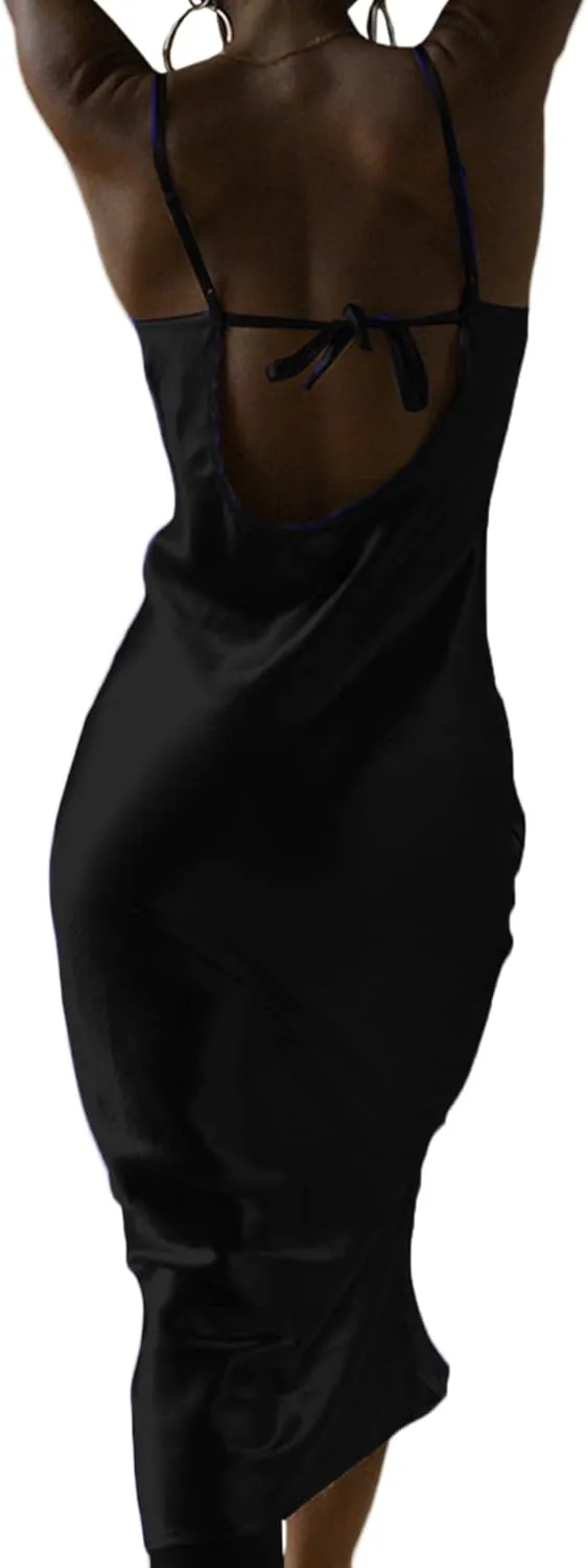 xxxiticat Women's Sleeveless Spaghetti Strap Satin Dress Cocktail Beach Evening Party Cowl Neck Back Tie Up Maxi Dresses