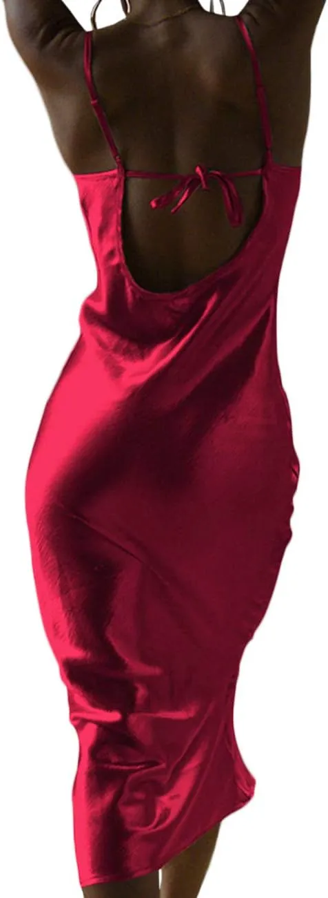 xxxiticat Women's Sleeveless Spaghetti Strap Satin Dress Cocktail Beach Evening Party Cowl Neck Back Tie Up Maxi Dresses
