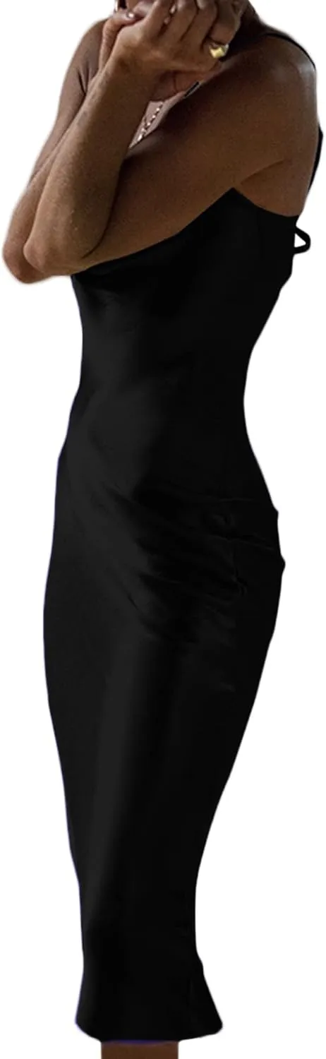 xxxiticat Women's Sleeveless Spaghetti Strap Satin Dress Cocktail Beach Evening Party Cowl Neck Back Tie Up Maxi Dresses