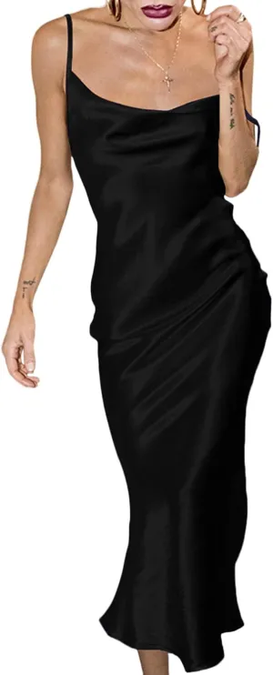 xxxiticat Women's Sleeveless Spaghetti Strap Satin Dress Cocktail Beach Evening Party Cowl Neck Back Tie Up Maxi Dresses