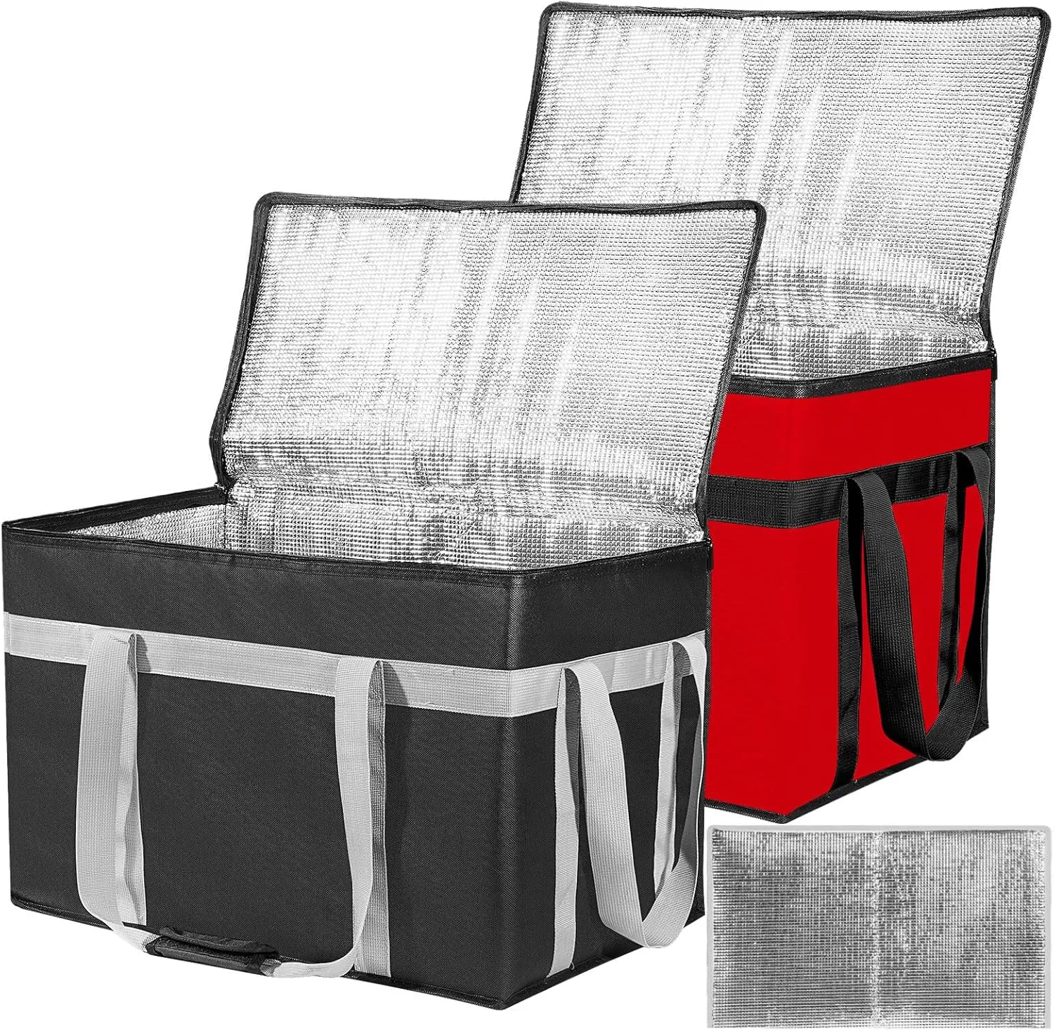 XXXL 2 Pack Insulated Food Delivery Bag with Removable Hard Bottom, Reusable Insulated Grocery Bag for Hot and Cold Food, Catering Cooler for Doordash, Warmers, Parties (Black Red)
