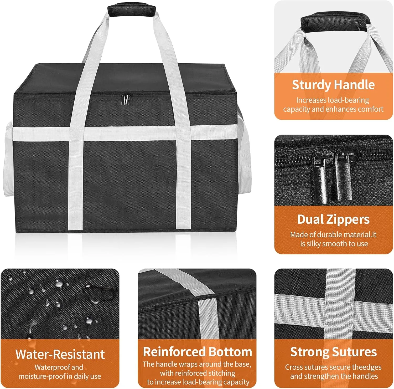 XXXL 2 Pack Insulated Food Delivery Bag with Removable Hard Bottom, Reusable Insulated Grocery Bag for Hot and Cold Food, Catering Cooler for Doordash, Warmers, Parties (Black Red)