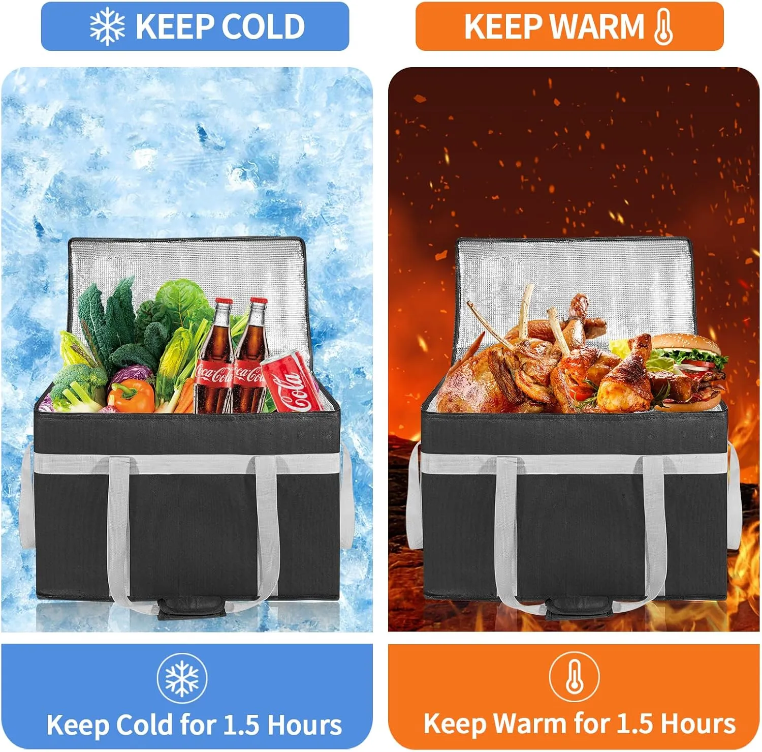 XXXL 2 Pack Insulated Food Delivery Bag with Removable Hard Bottom, Reusable Insulated Grocery Bag for Hot and Cold Food, Catering Cooler for Doordash, Warmers, Parties (Black Red)