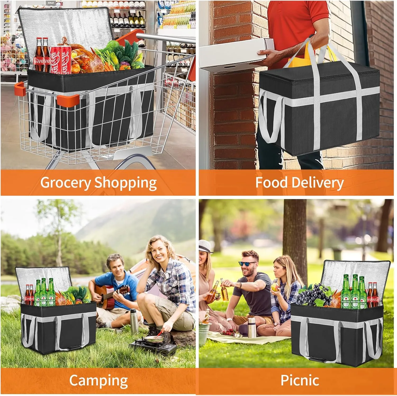XXXL 2 Pack Insulated Food Delivery Bag with Removable Hard Bottom, Reusable Insulated Grocery Bag for Hot and Cold Food, Catering Cooler for Doordash, Warmers, Parties (Black Red)