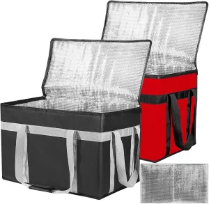 XXXL 2 Pack Insulated Food Delivery Bag with Removable Hard Bottom, Reusable Insulated Grocery Bag for Hot and Cold Food, Catering Cooler for Doordash, Warmers, Parties (Black Red)