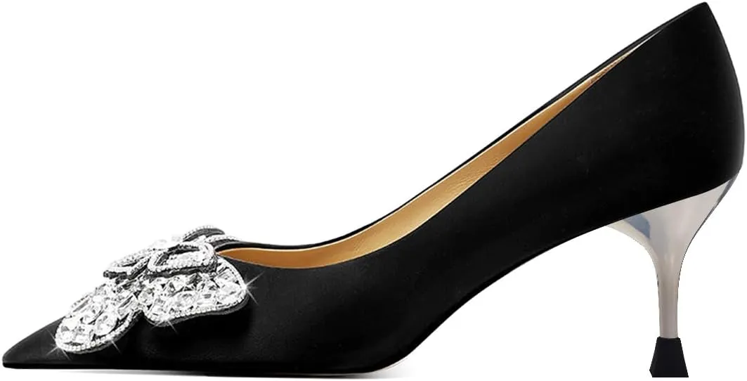 XYD Women Bridal Low Heels Closed Pointed Toe Pumps with Sparkling Crystal Butterfly Slip On Wedding Evening Party Dress Shoes