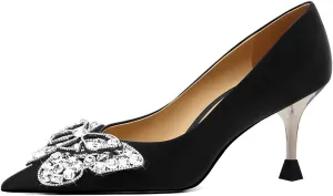 XYD Women Bridal Low Heels Closed Pointed Toe Pumps with Sparkling Crystal Butterfly Slip On Wedding Evening Party Dress Shoes