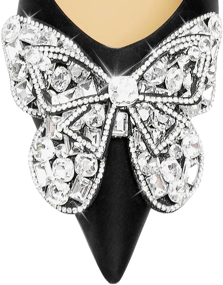 XYD Women Bridal Low Heels Closed Pointed Toe Pumps with Sparkling Crystal Butterfly Slip On Wedding Evening Party Dress Shoes