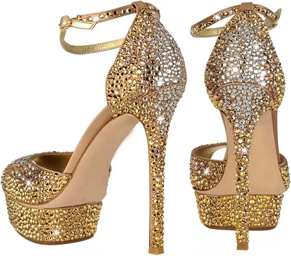 XYD Women Sparkling Bejeweled Platform Evening Heels Peep Toe Stiletto Sandals Ankle Strap Crystal Party Pumps Shoes