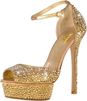 XYD Women Sparkling Bejeweled Platform Evening Heels Peep Toe Stiletto Sandals Ankle Strap Crystal Party Pumps Shoes
