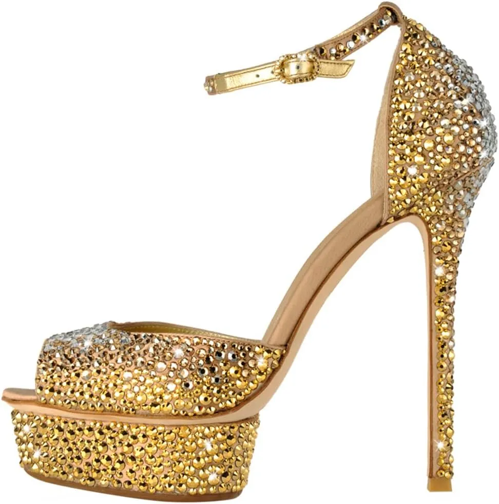 XYD Women Sparkling Bejeweled Platform Evening Heels Peep Toe Stiletto Sandals Ankle Strap Crystal Party Pumps Shoes