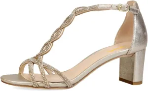 XYD Women's Sparkling Twining T-Bar Block Sandals Open Toe Ankle Straps Low Heel Pumps Dress Wedding Shoes