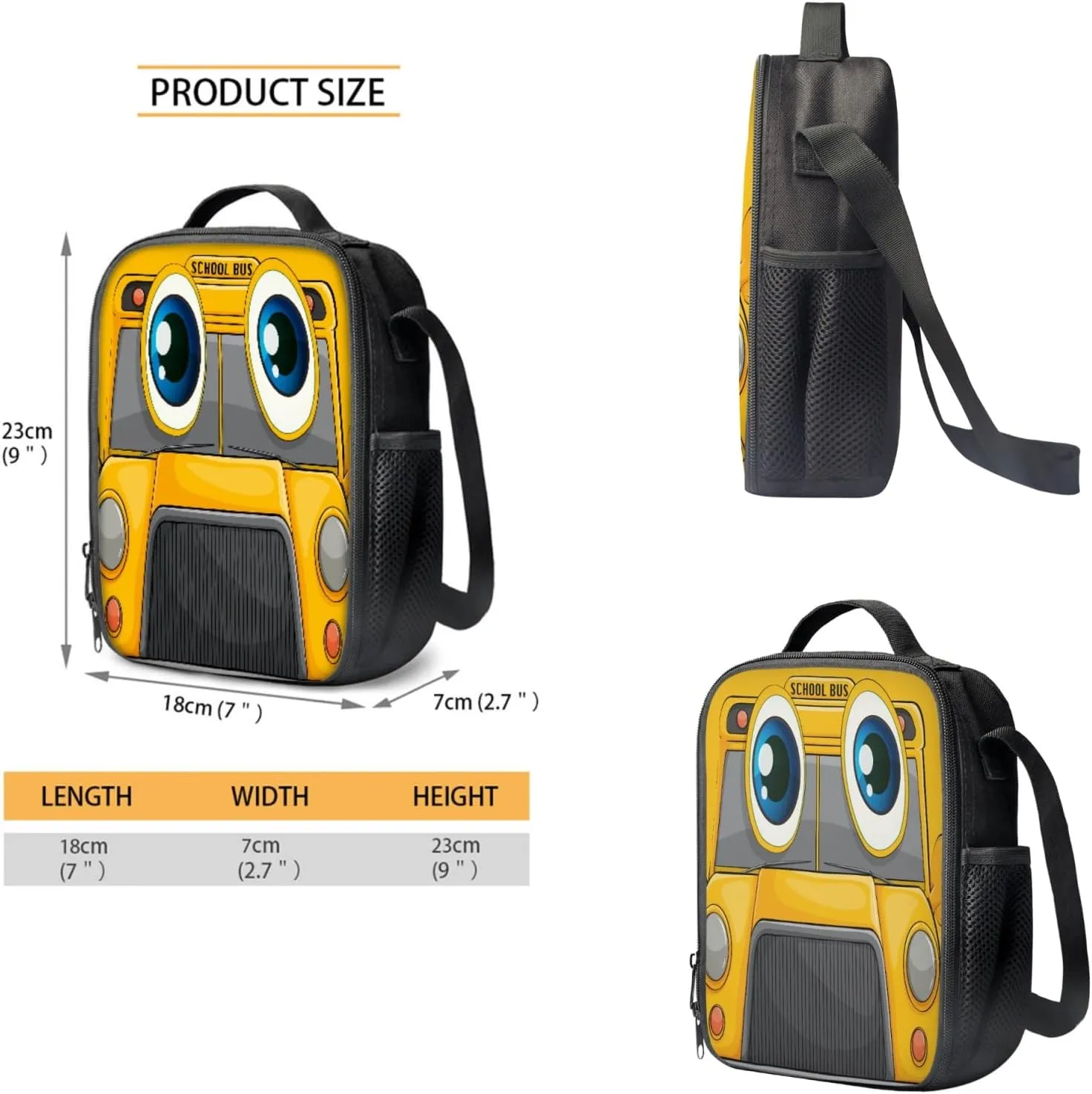 Yellow School Bus Travel Backpack for Teen Girls Boys 4 Pcs School Bag Set with Insulated Lunch Bag Pencil Case Water Bottle Holder Sleeve Casual Bookbag Shoulder Bagpack Sets