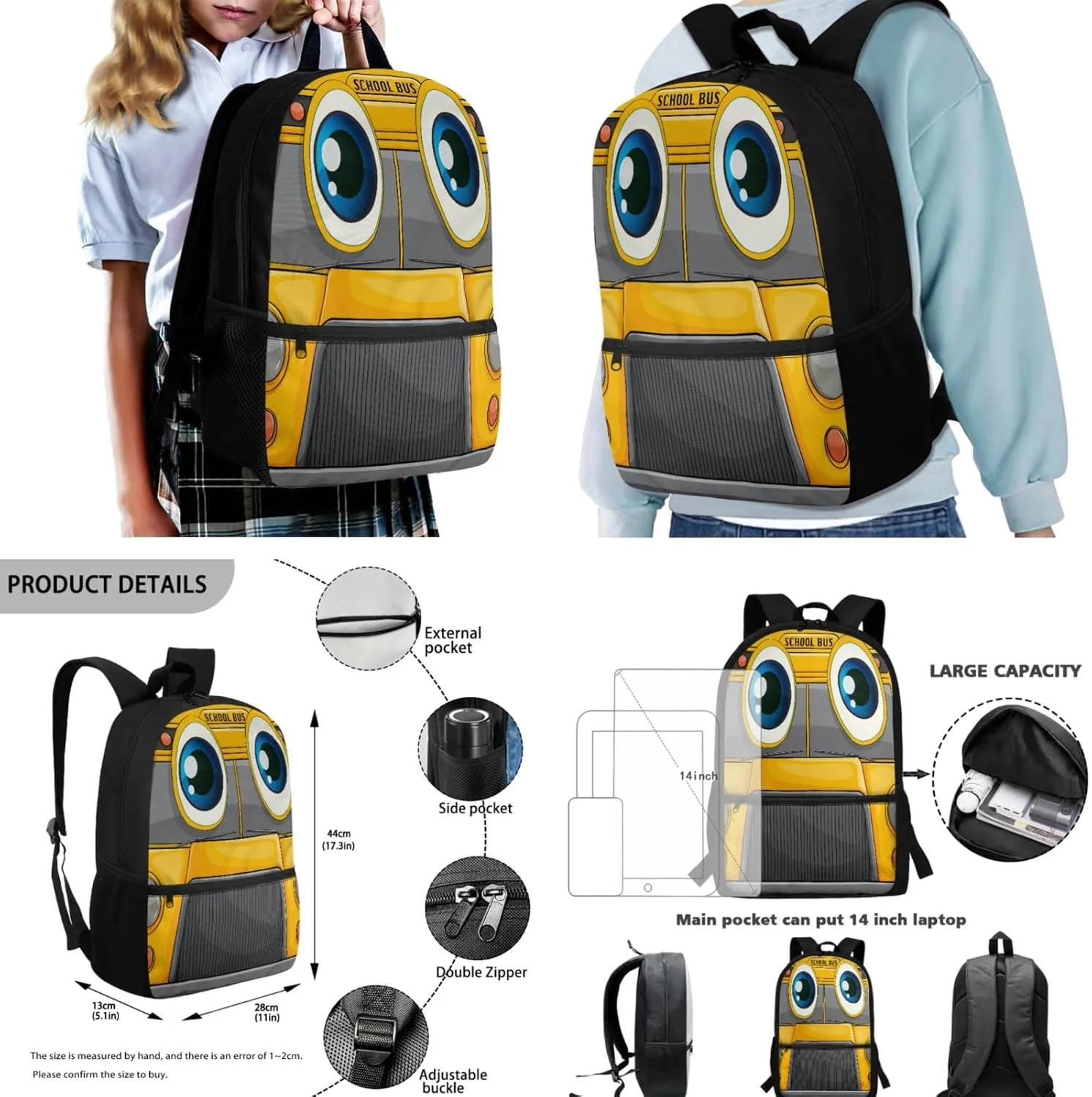 Yellow School Bus Travel Backpack for Teen Girls Boys 4 Pcs School Bag Set with Insulated Lunch Bag Pencil Case Water Bottle Holder Sleeve Casual Bookbag Shoulder Bagpack Sets