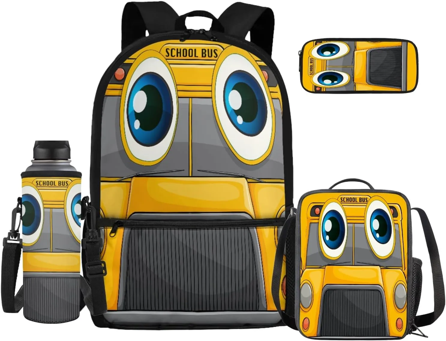 Yellow School Bus Travel Backpack for Teen Girls Boys 4 Pcs School Bag Set with Insulated Lunch Bag Pencil Case Water Bottle Holder Sleeve Casual Bookbag Shoulder Bagpack Sets