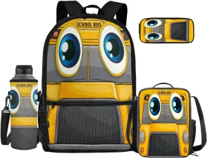 Yellow School Bus Travel Backpack for Teen Girls Boys 4 Pcs School Bag Set with Insulated Lunch Bag Pencil Case Water Bottle Holder Sleeve Casual Bookbag Shoulder Bagpack Sets