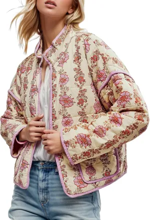 Yimoon Women's Cropped Puffer Quilted Jacket Vintage Floral Print Open Front Lightweight Short Jacket Outwear