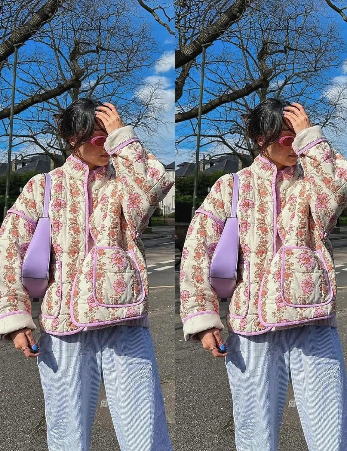 Yimoon Women's Cropped Puffer Quilted Jacket Vintage Floral Print Open Front Lightweight Short Jacket Outwear
