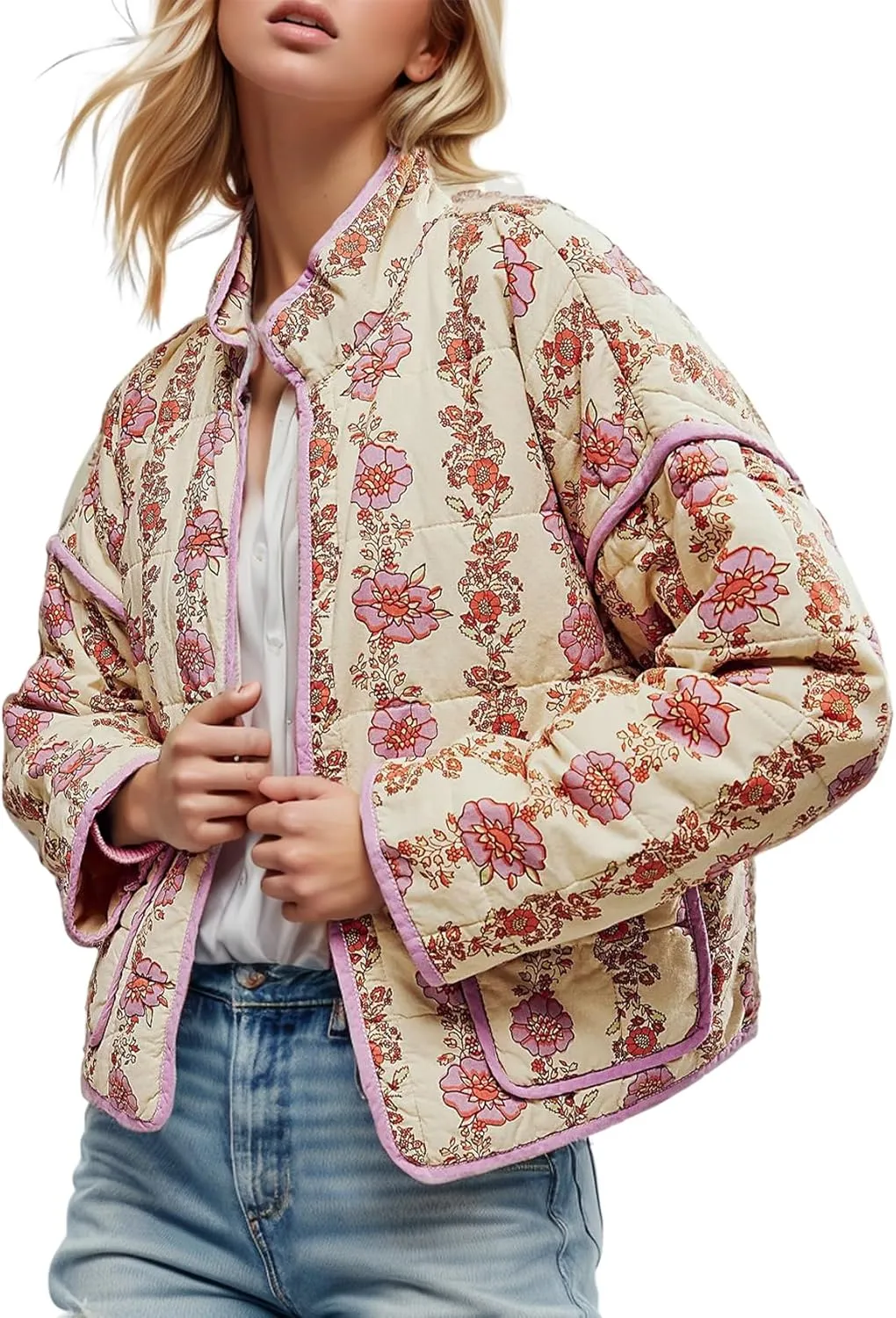 Yimoon Women's Cropped Puffer Quilted Jacket Vintage Floral Print Open Front Lightweight Short Jacket Outwear