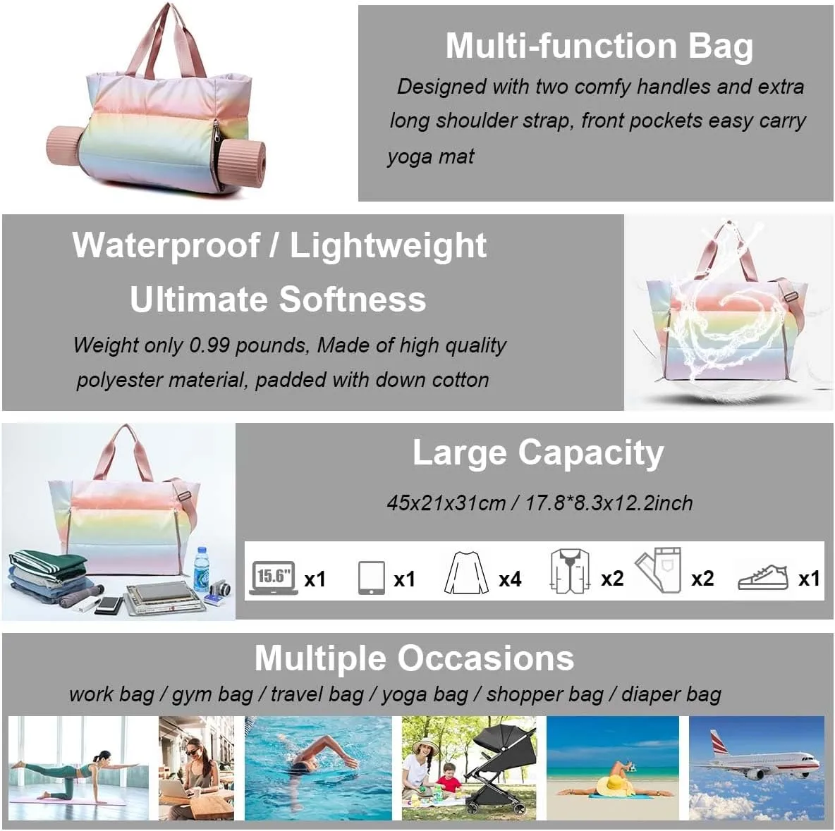 YouNuo Tote Bag for Women, Large Quilted Puffer Tote Bag, Gym Bag, Travel Shoulder Handbag Crossbody for Work Beach Yoga